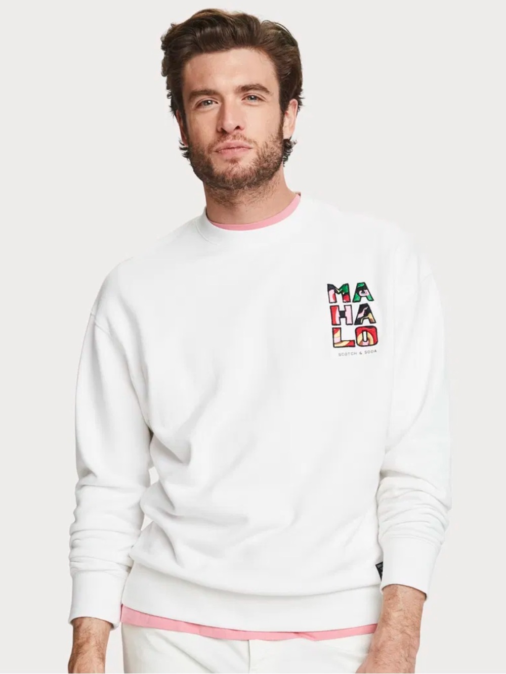 Scotch & Soda White Crewneck Sweater with Colorful MAHALO Embroidery